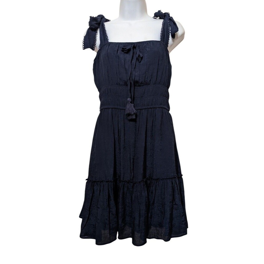 Babydoll Navy Blue Sundress Milkmaid Lace Adjustable Straps Tassels Size M